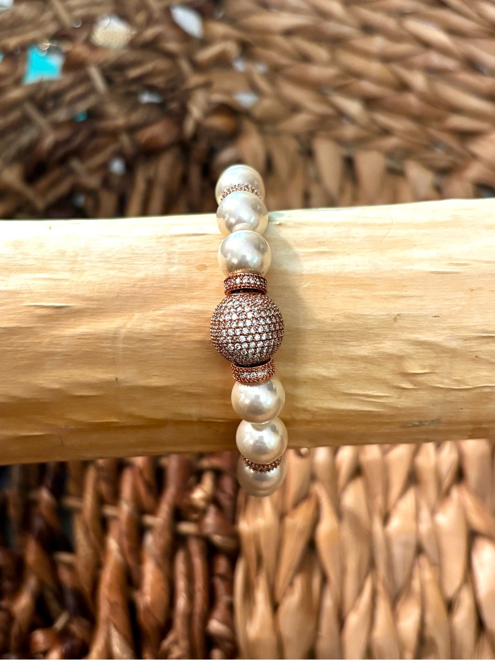 Pearl Bead Bracelet with Rose Gold Pave Accent Quality Faux